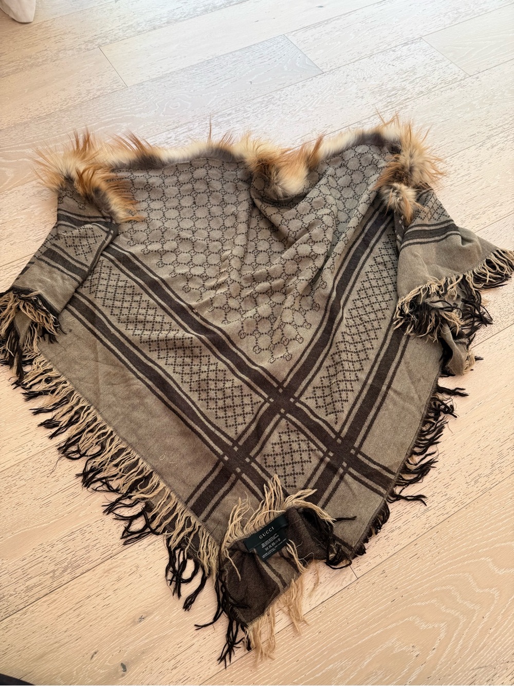 Gucci Brown & Tan Monogram Fur-Trimmed Shawl Wrap